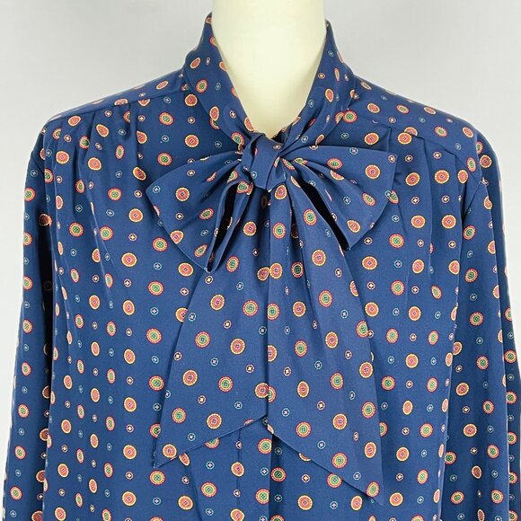 Vtg 60s Pendleton Country Sophisticates Pussybow Blouse Sz 18W Navy Feminine - Picture 1 of 6